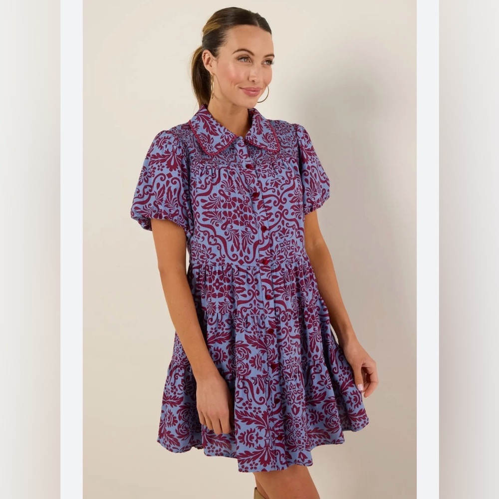 Periwinkle/Burgundy Printed Mini Dress - MSRP $88 Small shoulder to hem 35”